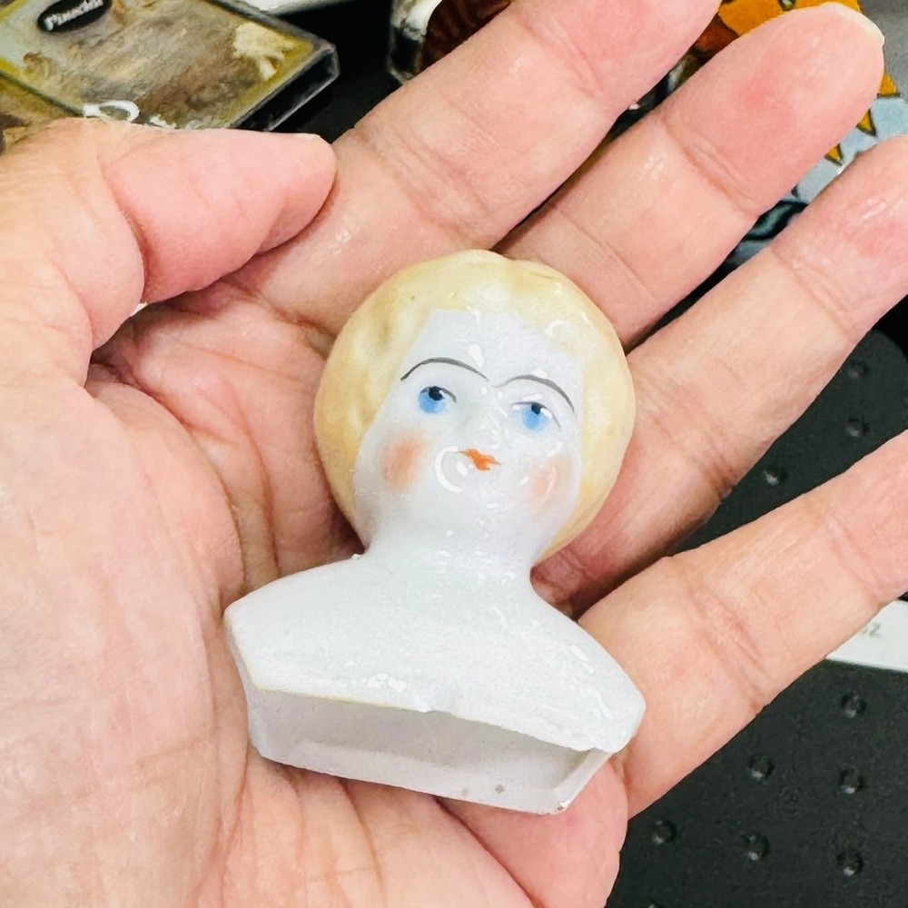 Antique Porcelain China Doll Head Blonde Hair Blue Eyes Victorian Bust 2 Inch